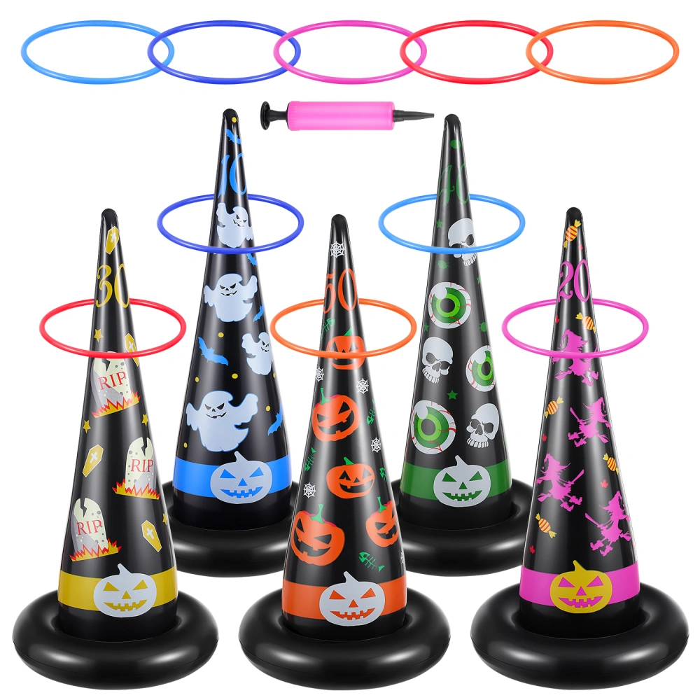 TOYVIAN 5pcs Inflatable Halloween Witch Hat Ring Set Party Toss Game Party Supplies for Children Adults Outdoor Indoor with Plastic Rings Air Pump