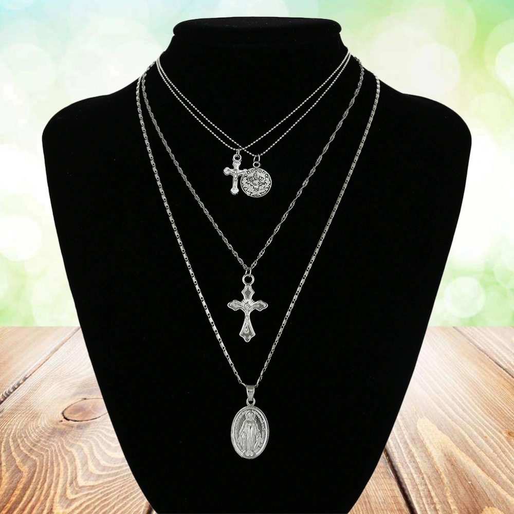 3 Layered Pendant Necklace Cross Charm Choker Necklaces Statement Jewelry Religion Necklace (Silver)