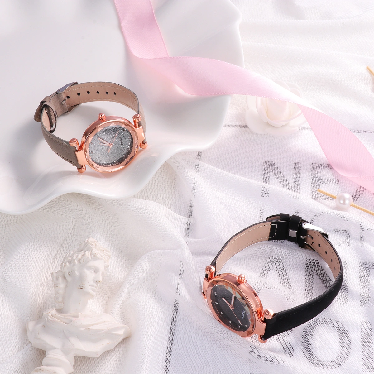 2Pcs Starry Sky Designed Women Watch Fashion Quartz Watch Glittering Wrist Watch (Black and Grey)