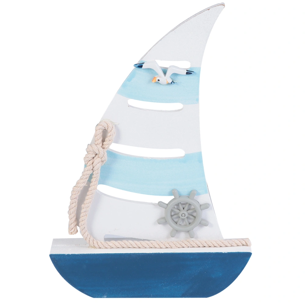 1Pc Mediterranean Sailing Ornaments Smooth Yawl Solid Wood Marine Boat Model Wedding Gifts Wooden Decors for Home Office (Blue 1)