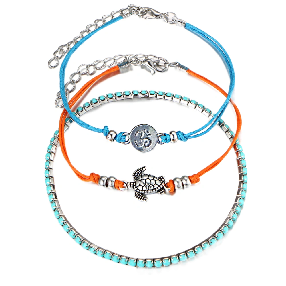 3PCS Women Bracelet Sets Rune Turtle Three Floors Pendant Anklet Hand Chains Tricolor Bracelet Set