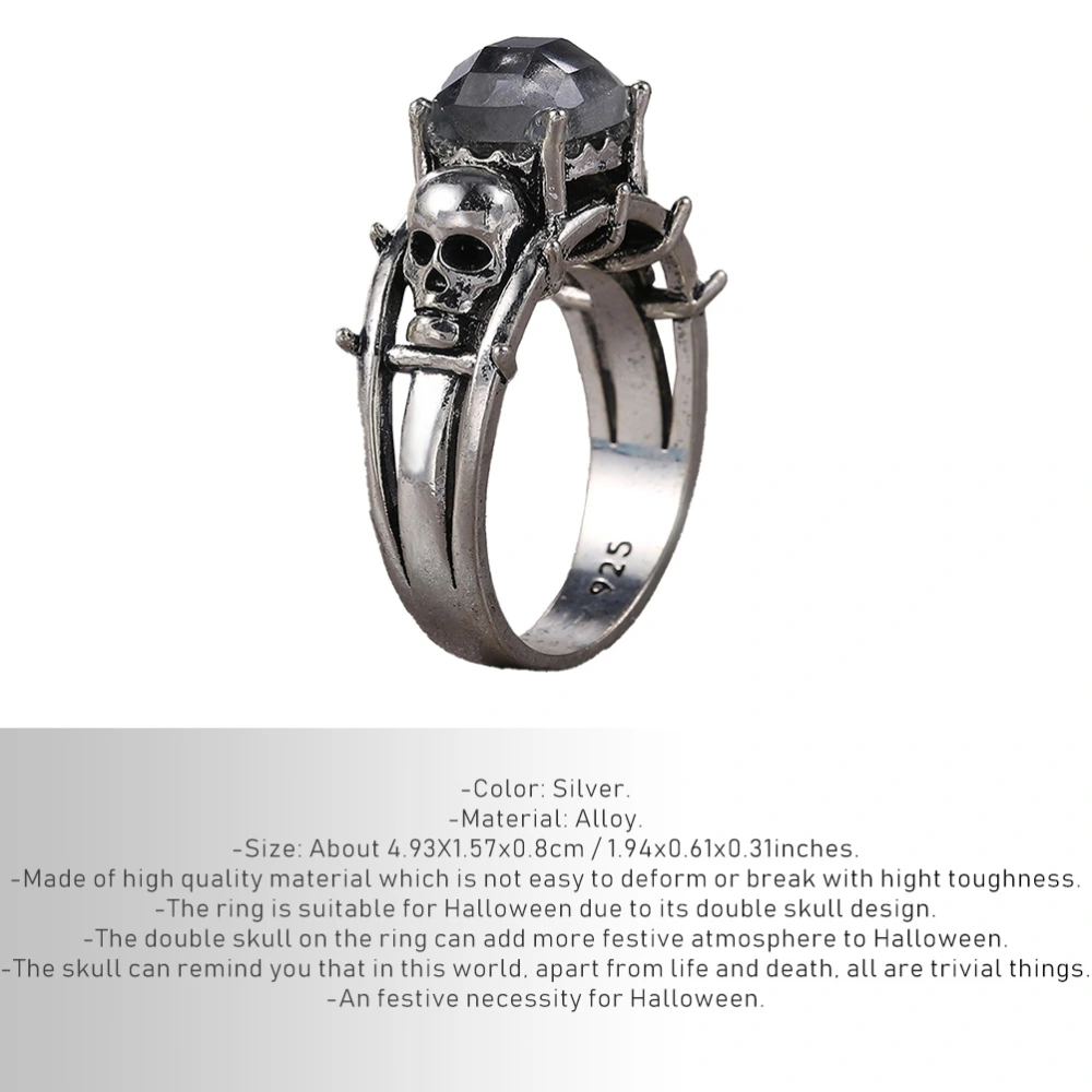 1Pc Creative Ring Novel Double Skull Finger Accessories for Halloween (Size 6, Silver)