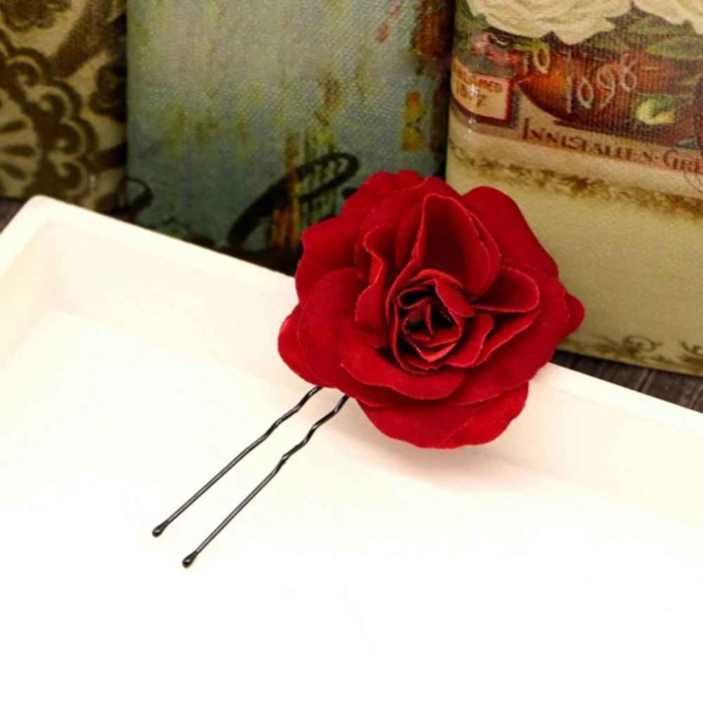 6Pcs Rose Design Hairpin Delicate U-shape Hair Clip Bride Hair Wear Red