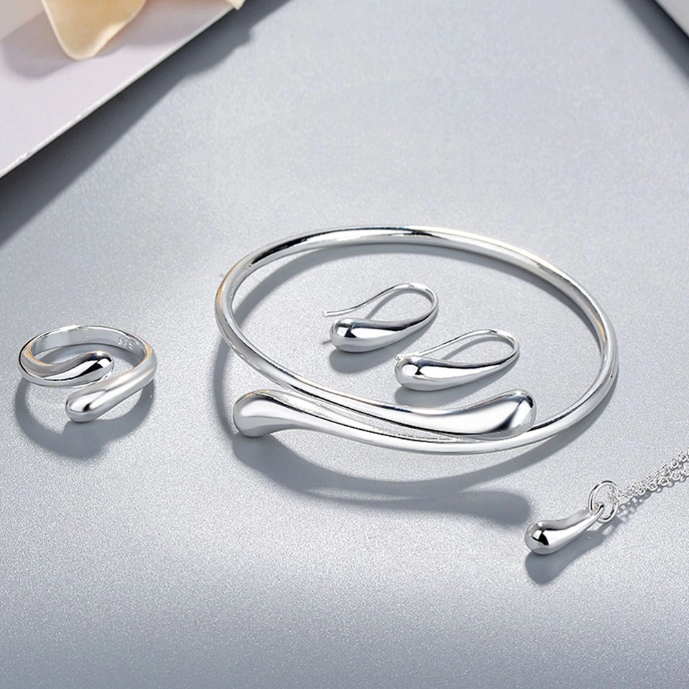 4PC Bridal Water Drop Silver Plated 925 Bangle Necklace Earrings Ring Set Diamond Necklace Earrings Bracelet Ring Set (Silver)