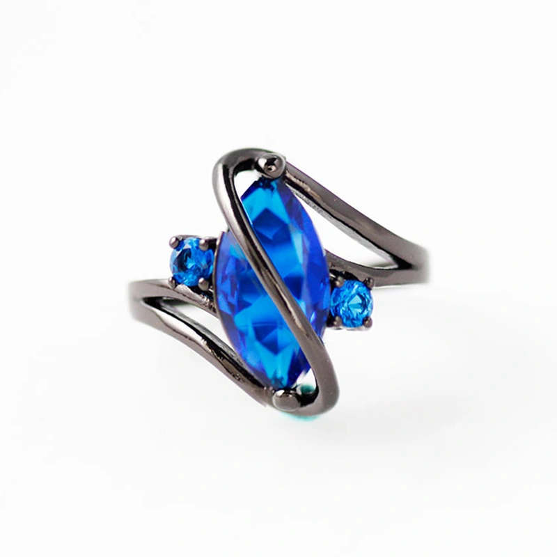 Sapphire Rings 10KT Black Gold Filled Diamonds Embedded Ladies Promise Finger Ring No.9(Blue)