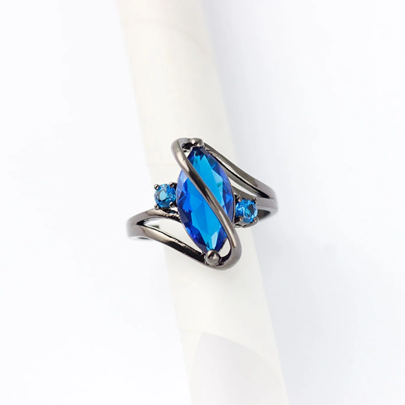Sapphire Rings 10KT Black Gold Filled Diamonds Embedded Ladies Promise Finger Ring No.9(Blue)
