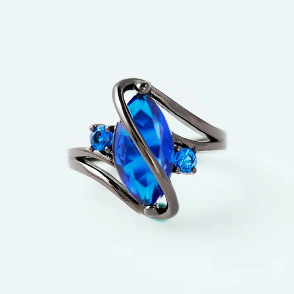 Sapphire Rings 10KT Black Gold Filled Diamonds Embedded Ladies Promise Finger Ring No.9(Blue)