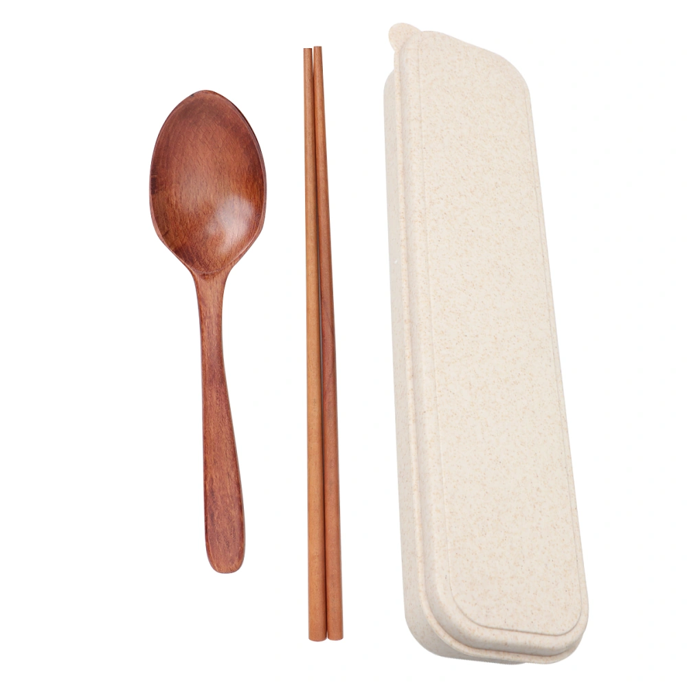 3Pcs Wooden Spoon Chopsticks Set Portable Cutlery Set Practical Dinnerware Kit with Box for Party Travel Picnic (Assorted Color)