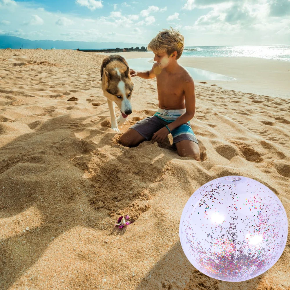 4pcs 16 Inches Sequin Inflatable Ball Glitter Ball Pool Game Play Toy Transparent Beach Ball Photo Props with Pump (2pcs Colorful Sequin Ball and 2pcs Pump)