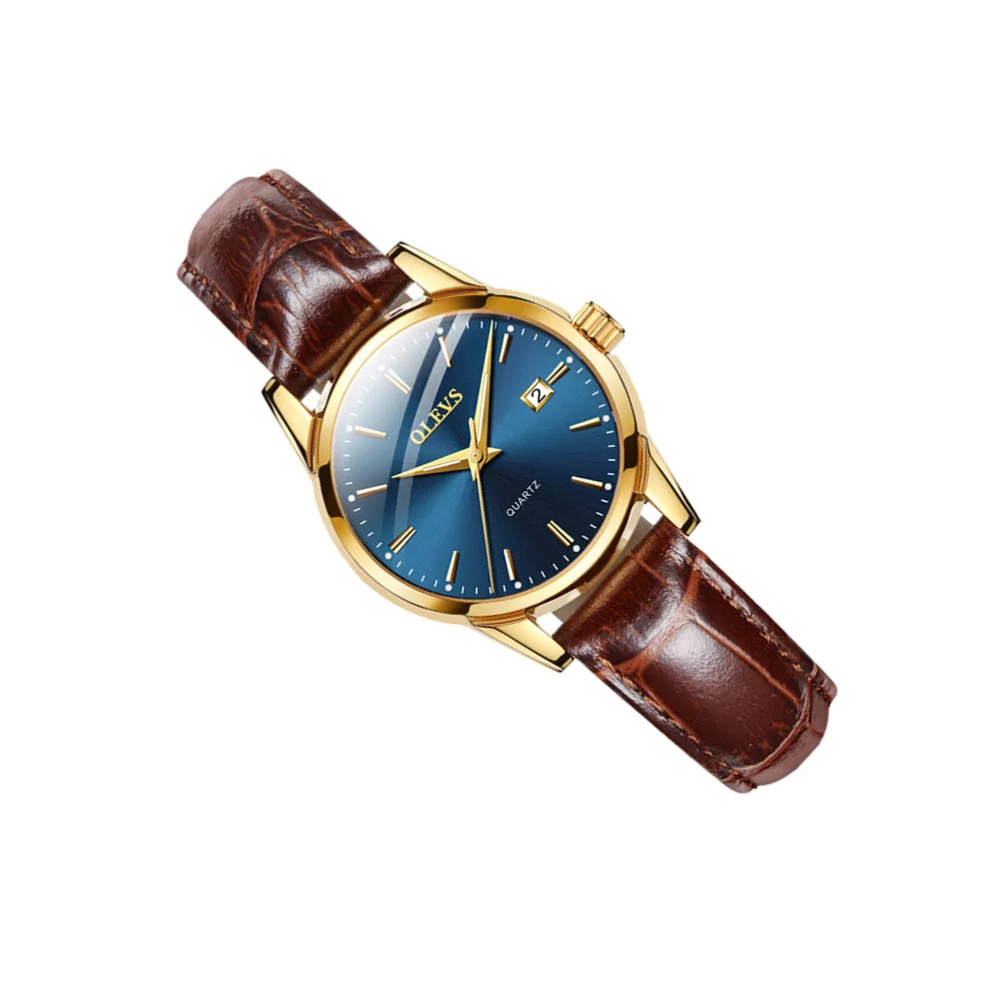 1Pc OLEVS Mechanic Quartz Watch PU Leather Waterproof Mechanic Wristwatches Outdoor Business Watches Timing Watch with Box(Blue Board/ Brown Strap)