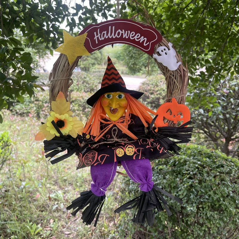  Halloween Wreath Artificial Witch Wreath Sign Witch Straw Pendant Decor Halloween Front Door Decor