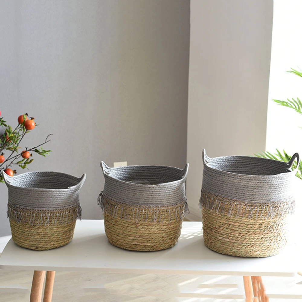 1Pc Rattan Woven Basket Nordic Style Flowerpot Rattan Planter Hanging Garden Flower Container Household Storage Basket (Grey Khaki Diameter 30cm)