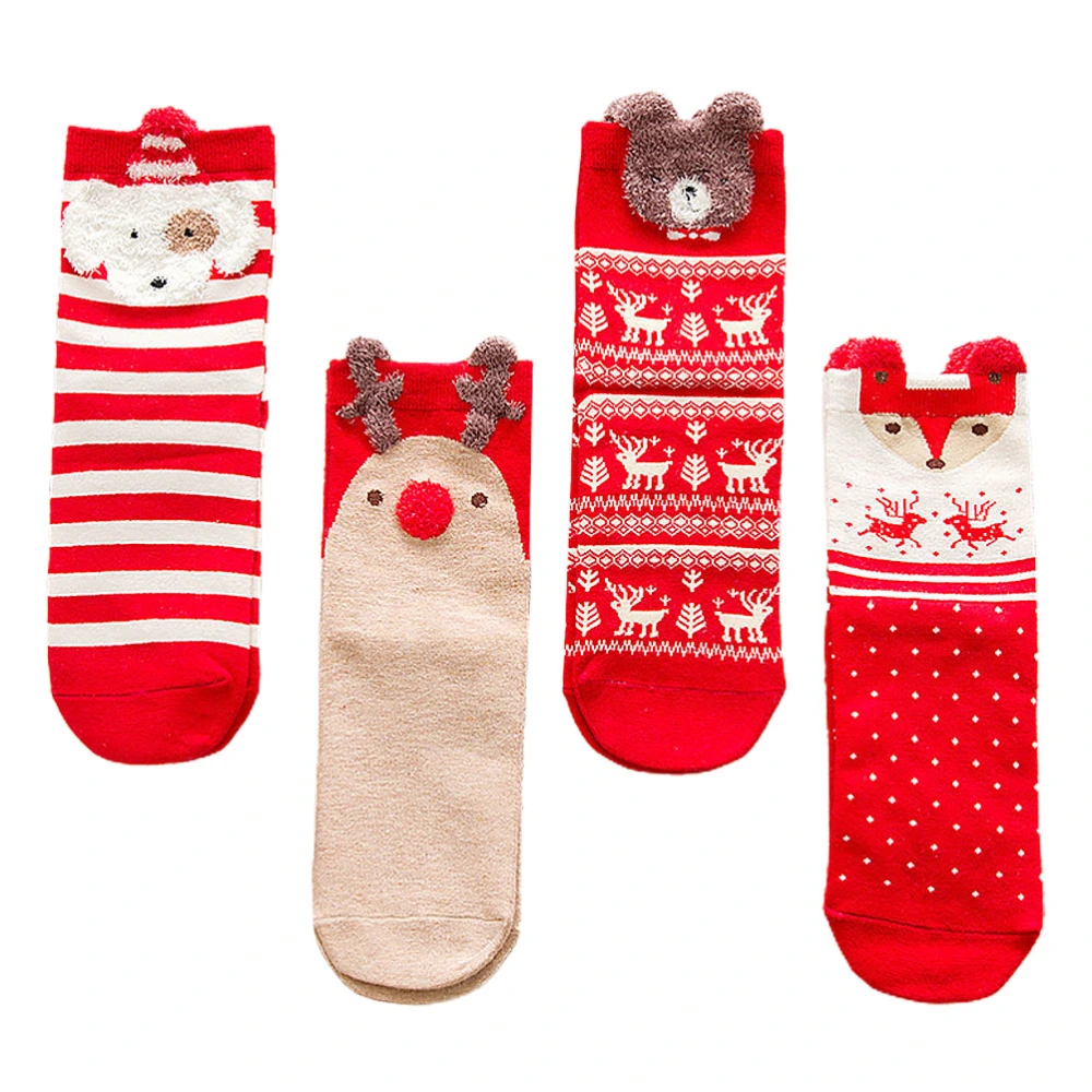 4 Pairs of Warm Socks Christmas Stockings Comfortable Cotton Socks (Red Mixed)