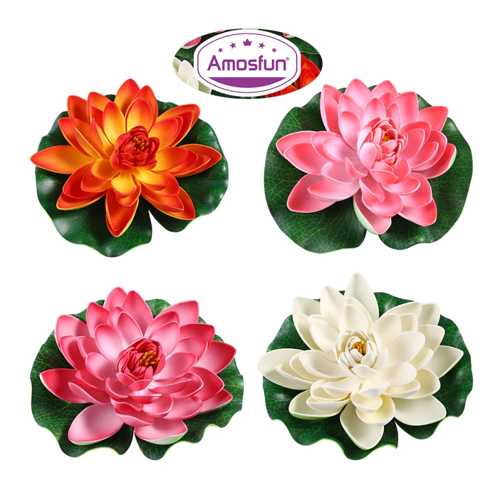 Amosfun 4PCS 17CM Simulation Floating Water Lily Plastic Lotus Flower Pond Fish Tank Decor Ornaments (White + Orange + Red + Pink)