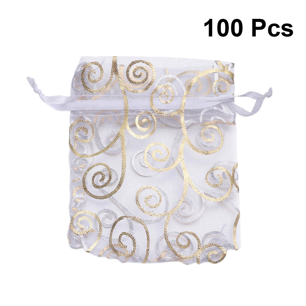 100pcs White Organza Storage Bag Golden Printing Gift Bag Packages Wedding Favor Drawstring Pouches Jewelry Packaging Bags Party Decor