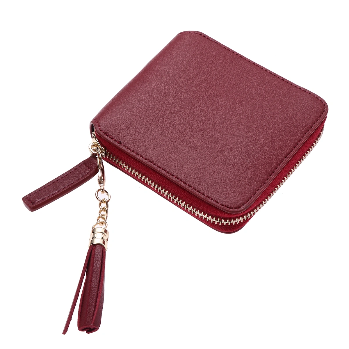 Women Zipper Handy Wallet Clutch Purse Lady Short Handbag Bag With Tassel (Wine Red)