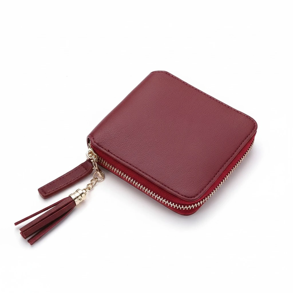 Women Zipper Handy Wallet Clutch Purse Lady Short Handbag Bag With Tassel (Wine Red)