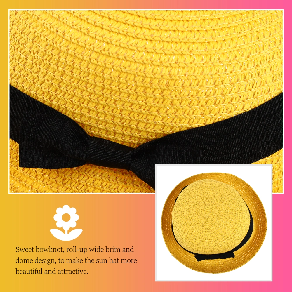 Fashion Women's Girls Bowknot Roll-up Wide Brim Dome Straw Summer Sun Hat Bowler Beach (Yellow)