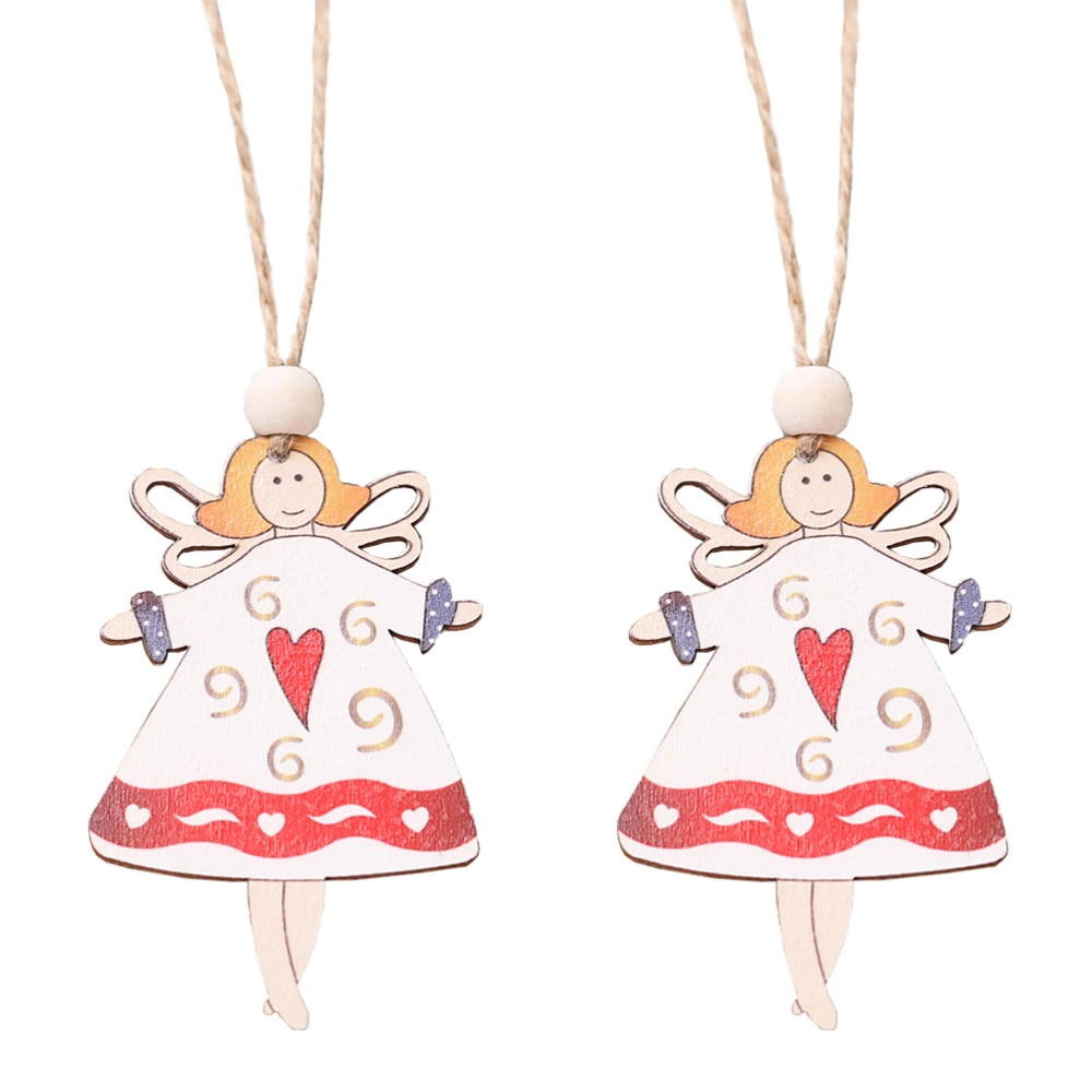 2PCS Christmas Tree Decorations White Angel Painted Wooden Sign Pendant Cartoon Christmas Tree Hanging