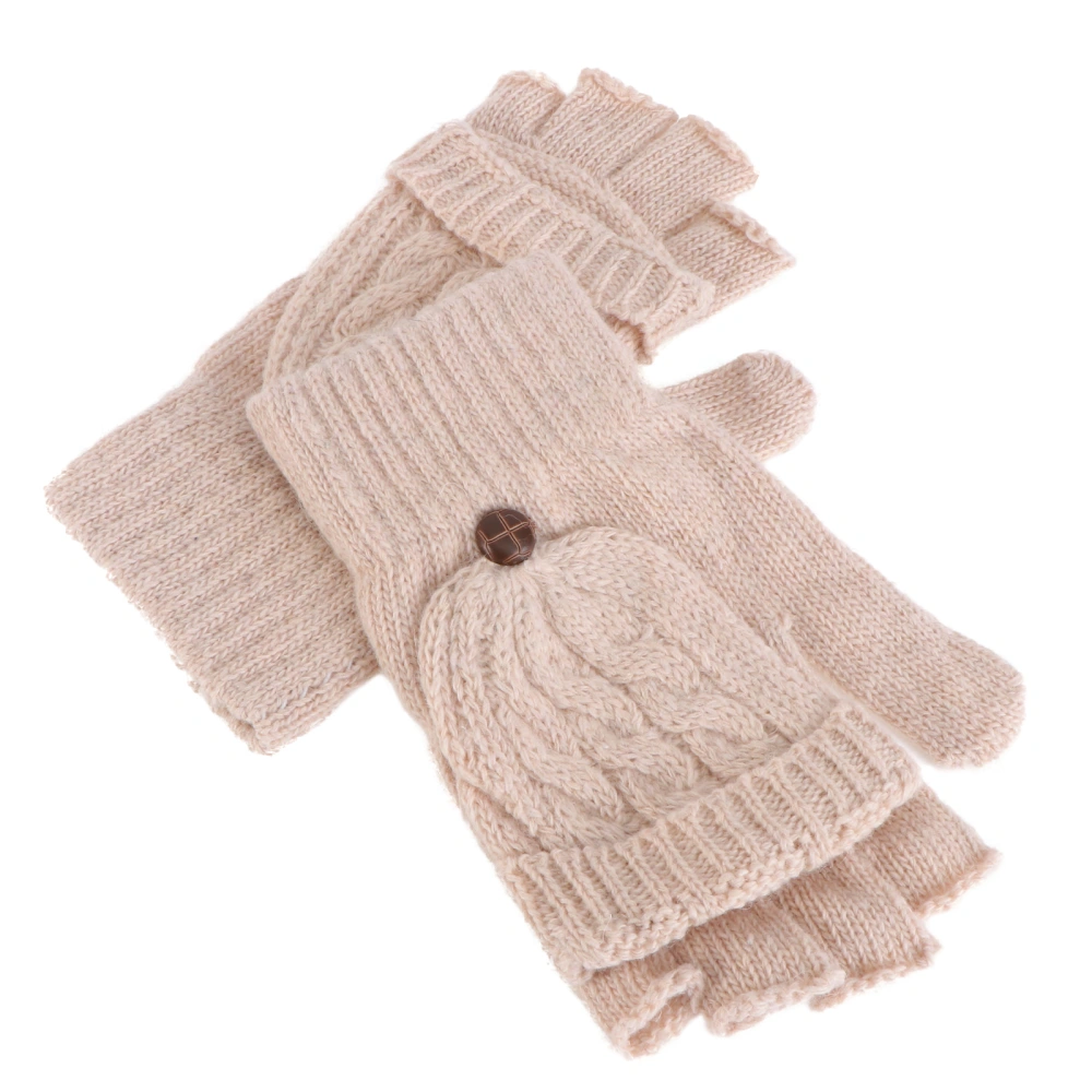 Women Winter Warm Wool Knitted Convertible Fingerless Gloves With Mitten Cover (Beige)