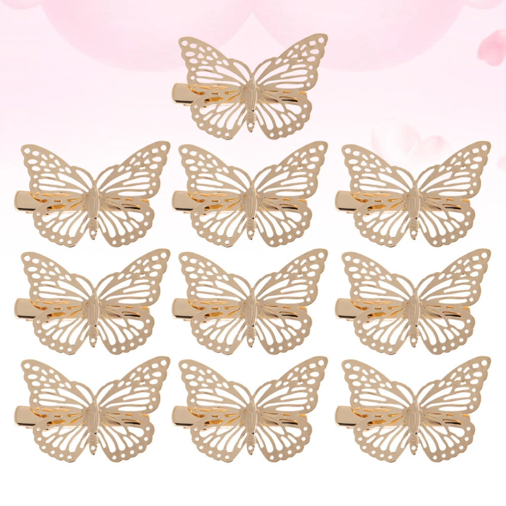 10pcs Golden Alloy Shape Hair Clips Hollow Out Headdress Delicate Stereoscopic Barrettes Girls Bobby Pin Hair Pin (Butterfly On The Left)