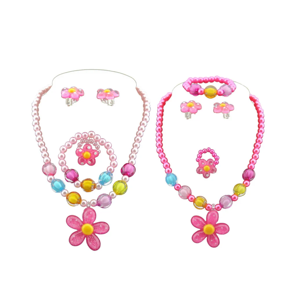 2 Set Jewelry Set Plastic Flowers Design Necklace Bracelet Ring Earring Kit Cartoon Jewelry Party Favor for Girl Kids Wearing