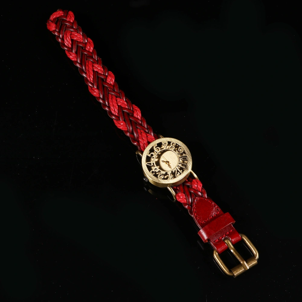 Retro Style Wristwatch PU Braided Bracelet Watch Decor Hollow Out Quartz Wrist Watch (Red)