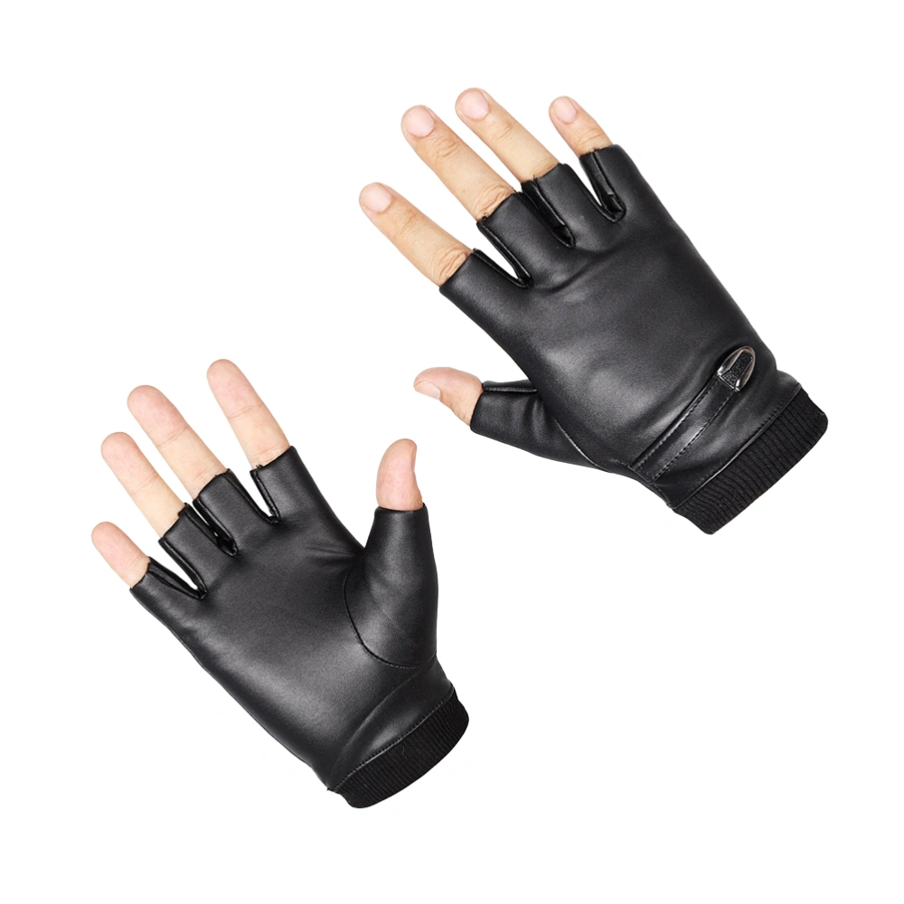 2 Pair of PU Leather Half Finger Gloves Bike Riding Gloves Winter Fishing Gloves Cycling Motorcycle Gloves (Black)