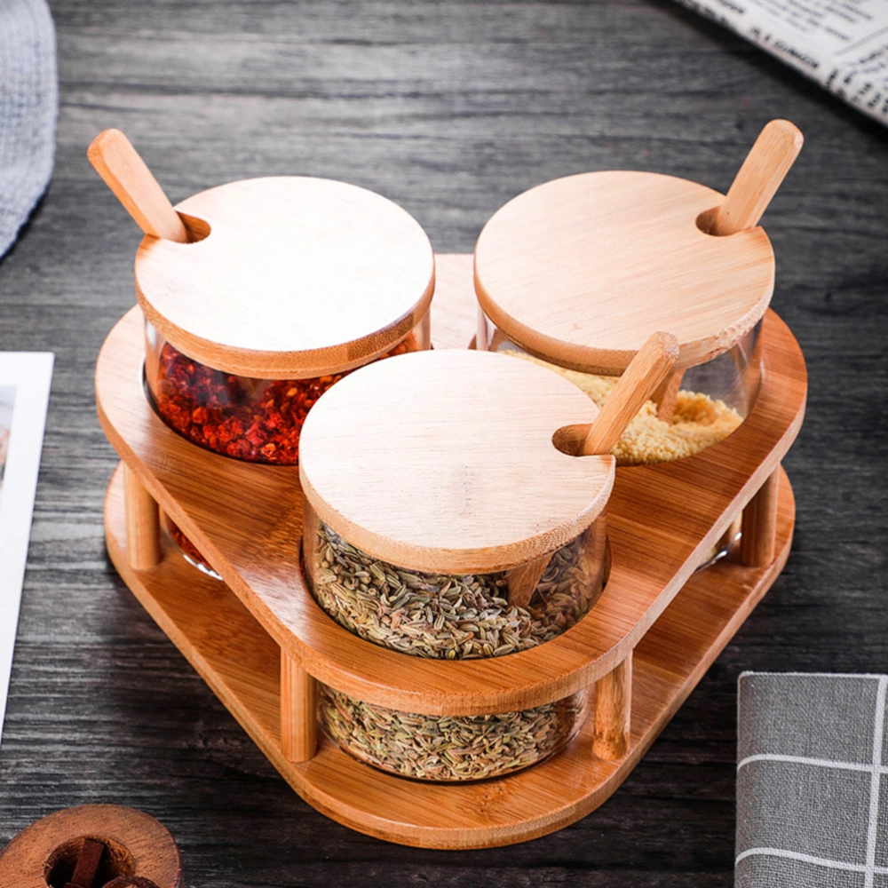 Glass Seasoning Jars Set Seasoning Container Condiment Pot with Bamboo Spoon and Lid