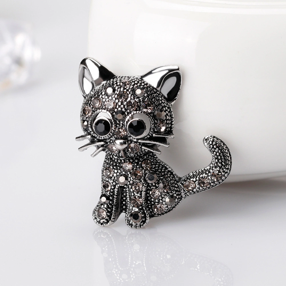 Crystal Cat Pin Brooch Brooch with Rhinestones Women Girls Dress Scarf Accessory (Black)