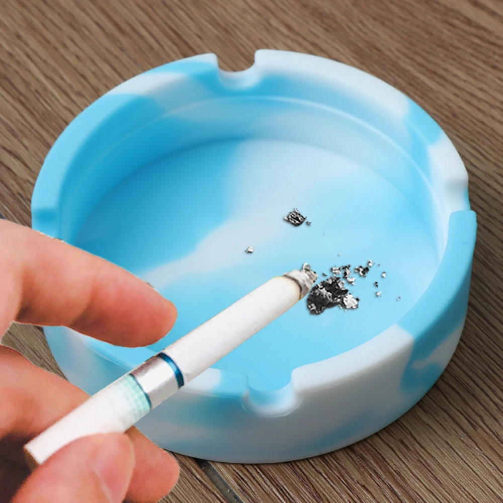 1 Pc Round Silicone Ashtray Unbreakable Heat Resistant Cigar Ashtray Camouflage Ash Holder - 8.3x2.3cm (White with Light Blue)