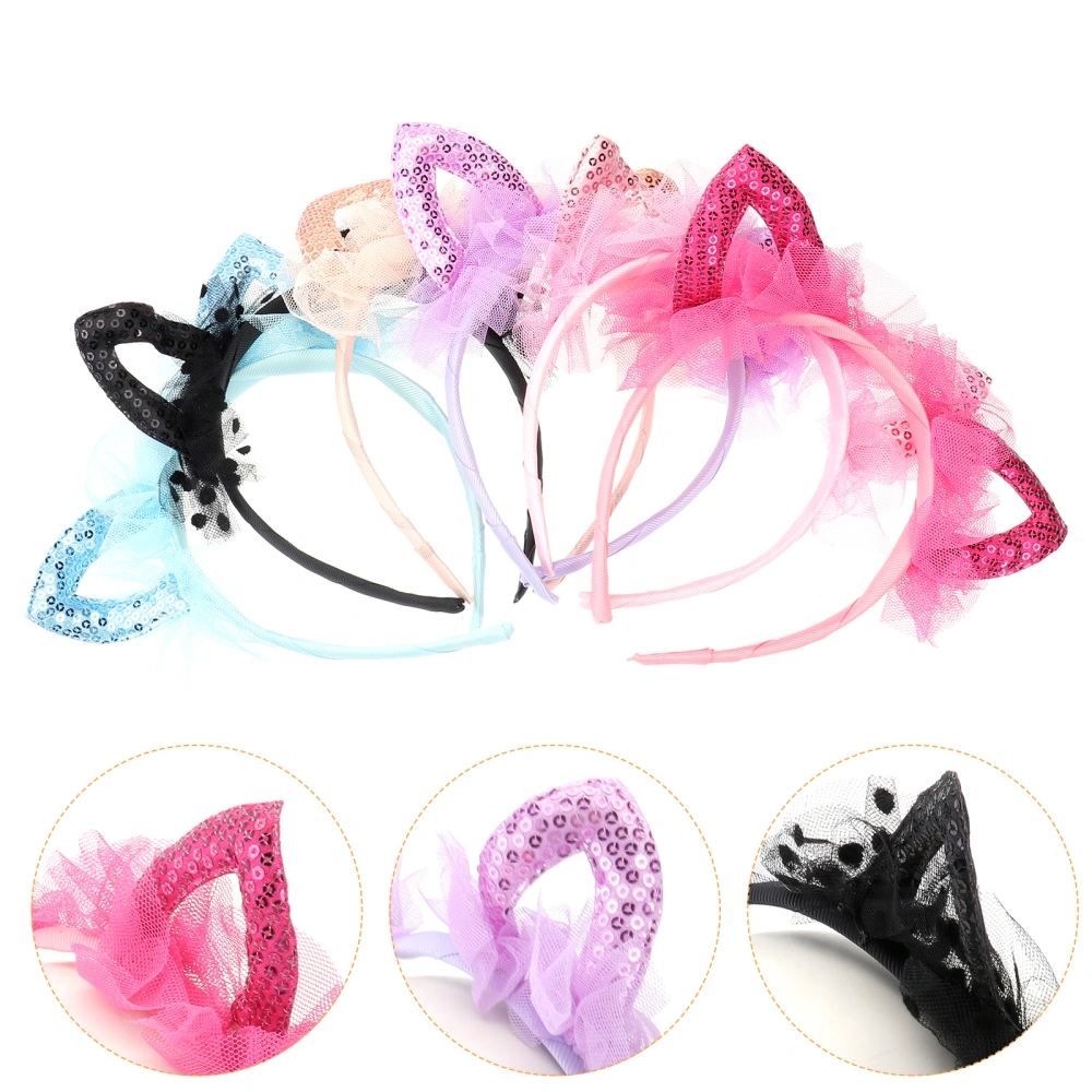 6Pcs Cat Ears Shape Hair Hoops Sequin Headband Lace Hair Band Hair Decoration Hair Accessories for Women Girls Female Mixed Color