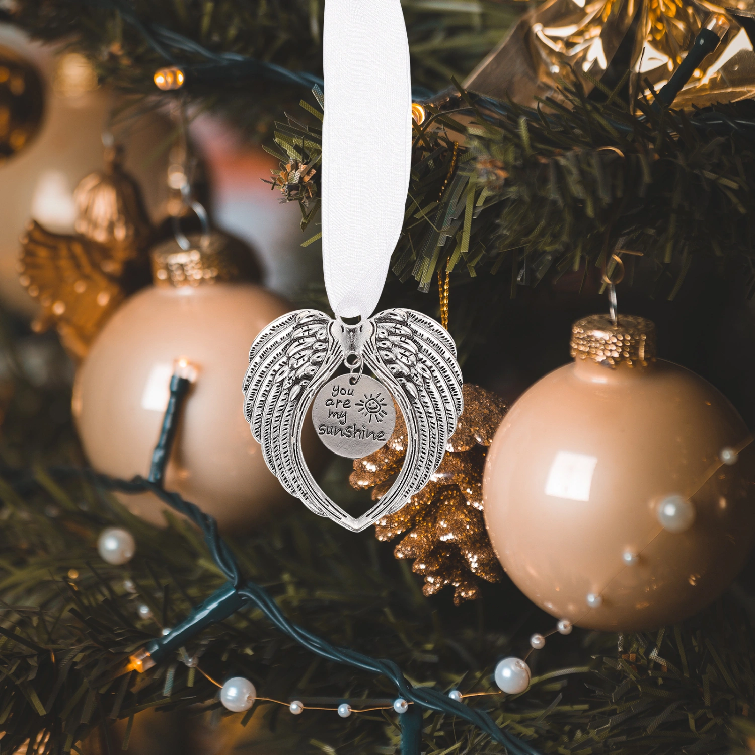 2PCS Ribbon Angel Wing Commemorative Pendant Xmas Tree Angel Wing Hanging Decor