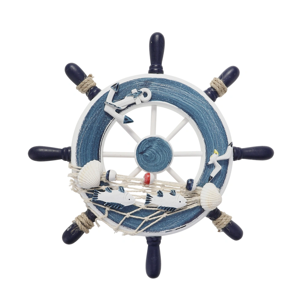 WINOMO Wooden 23cm Beach Boat Ship Steering Wheel Fishing Net Home Wall Decoration (Blue)