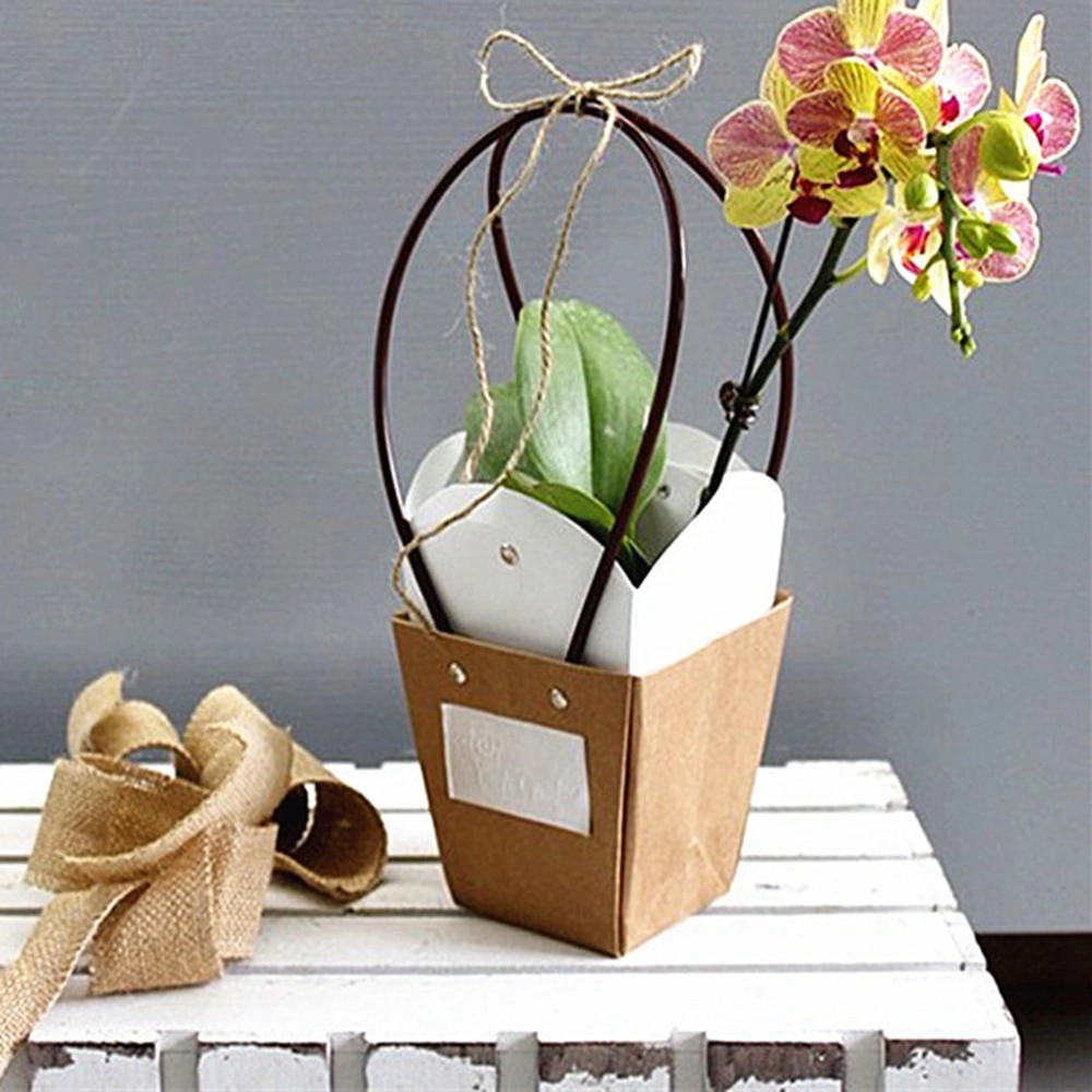 4PCS Kraft Paper Bag Trapezoidal Green Plant Bag Waterproof Flowers Bag with Handle (Size 2)