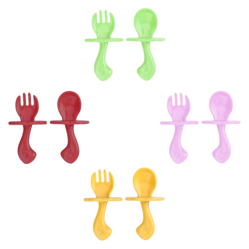 4 Set Baby Eating Training Spoon Fork Set Infants Safety Spoon Fork Portable Household Tableware (Light Purple + Green + Yellow + Red)