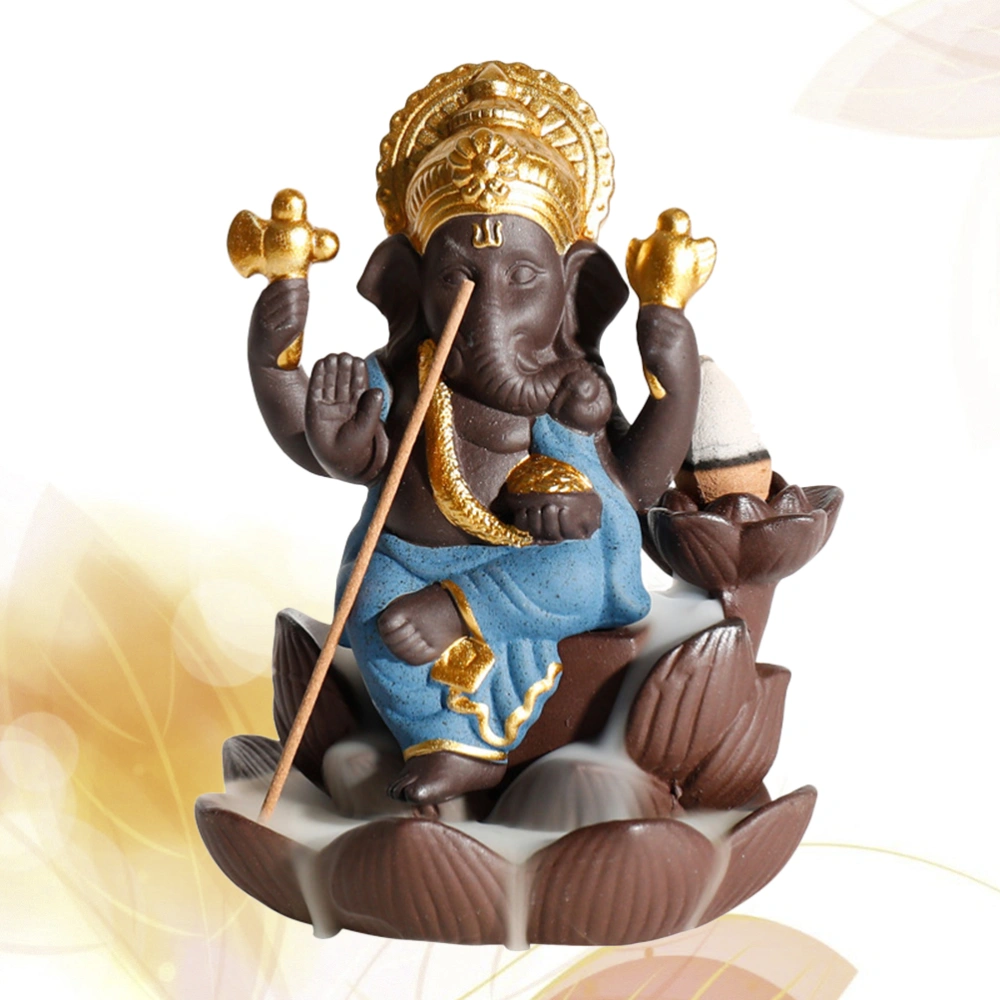 Ceramic Ganesha Buddha Backflow Incense Burner Handmade Figurine Elephant God Statue Home Incense Holder Blue