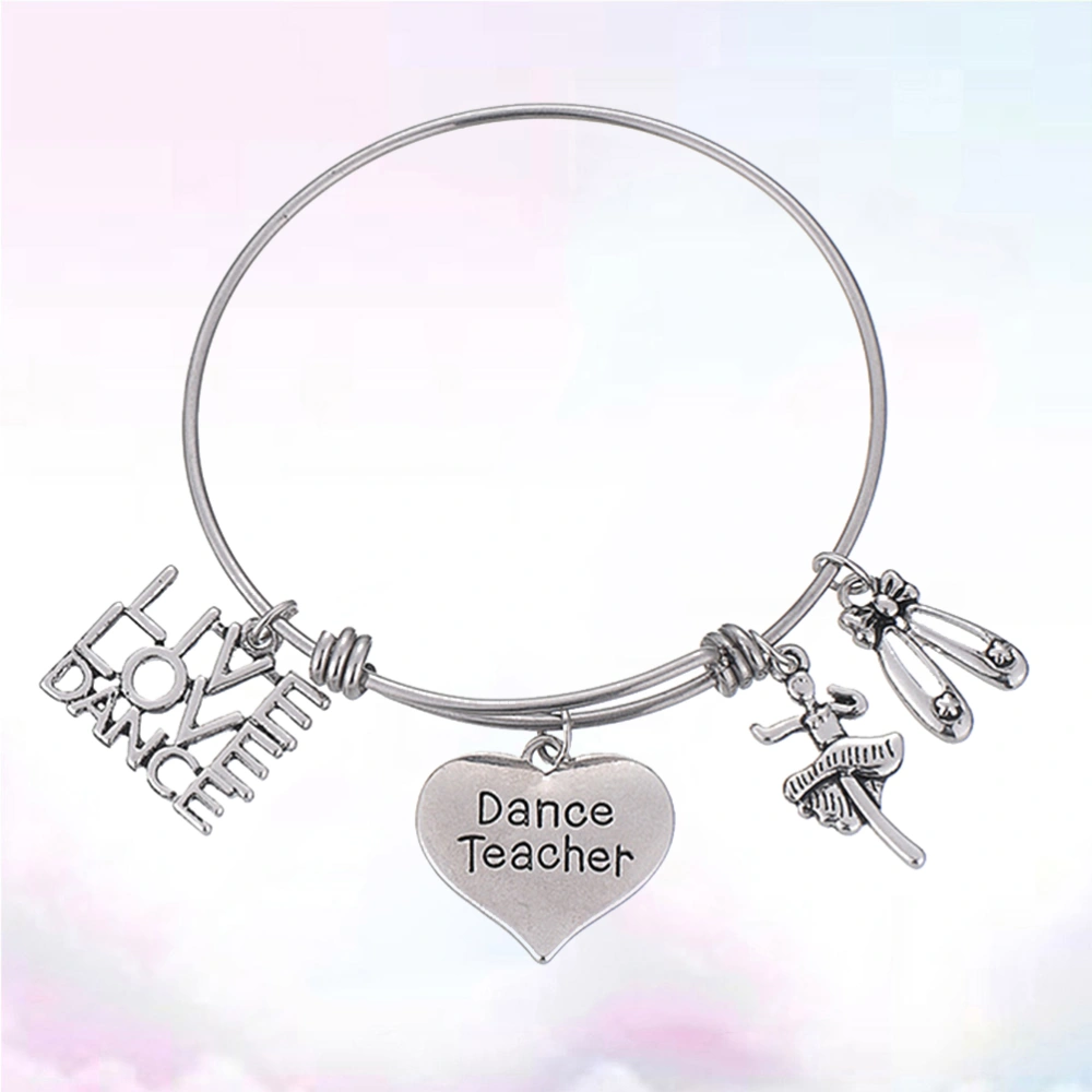 Adjustable Bracelet Creative Heart Carved Dance Teacher Letter Pendant Wrist Chain Creative Stainless Steel Bangle for Women Ladies Decoration Gift (Silver)