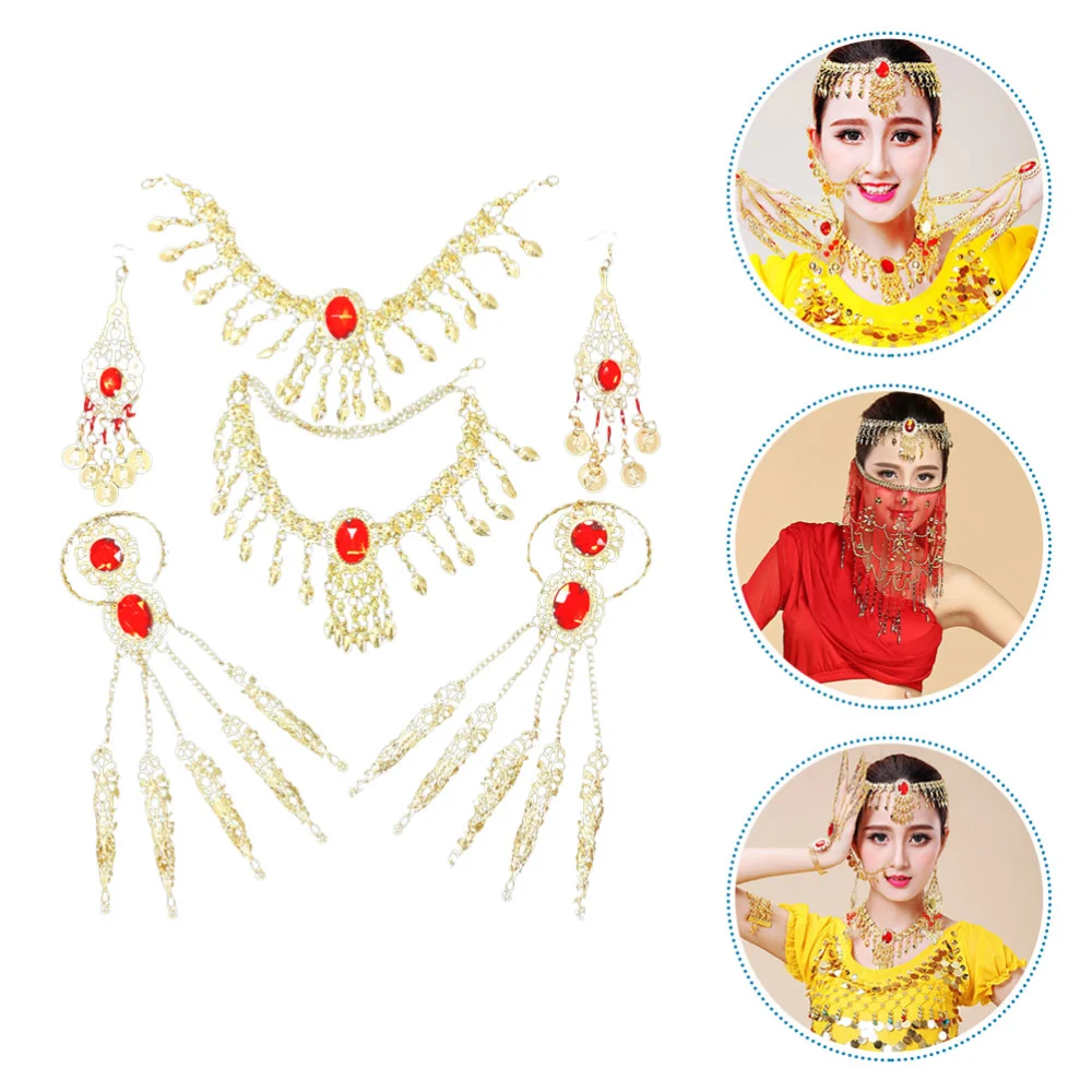 1 Set Belly Dance Jewelry Set Women Head Chain Bracelet Necklace Dangling Earring for Performance