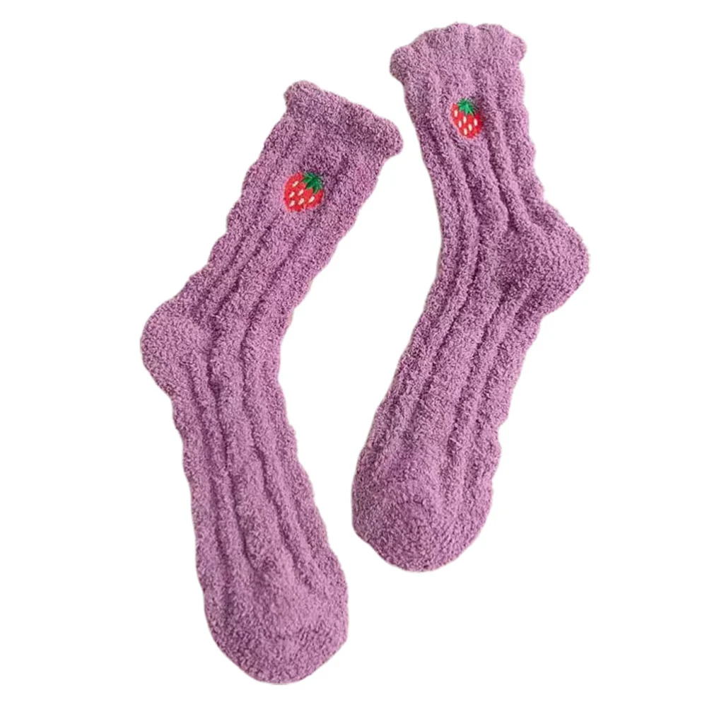 1 Pair of Thicken Coral Fleece Stockings Fruit Pattern Socks  Sleep Bed Socks