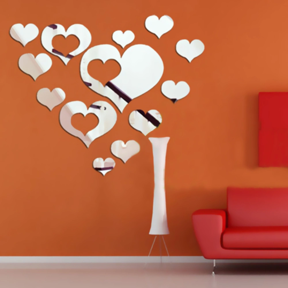 Love Heart Wall Stickers Heart-Shaped Mirror Wall Sticker Removable 3D Love Heart Shaped Acrylic Stickers Art Decor Wall Poster(Silver)