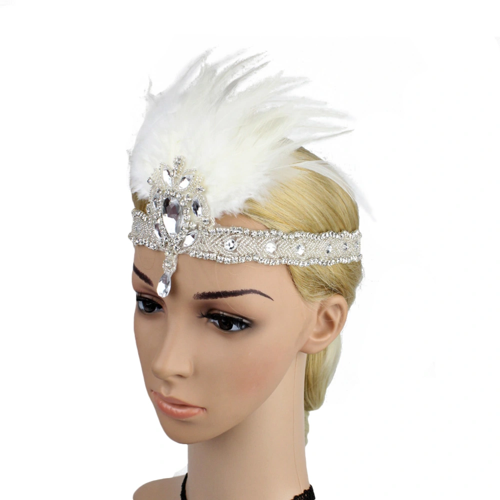 Diamante Fascinator Flapper Headband 1920s Headpiece Ascot Race Wedding Party Women Hair Accessory (White)