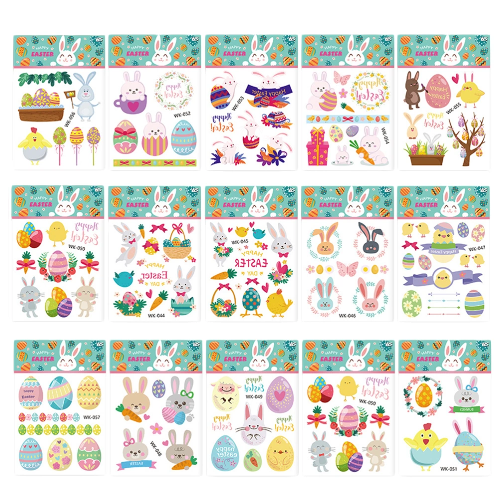 15 Sheets of Rabbit Happy Easter Cartoon Easter Egg Stickers Temporary Body Decal for Kids Decoration (Random Pattern)