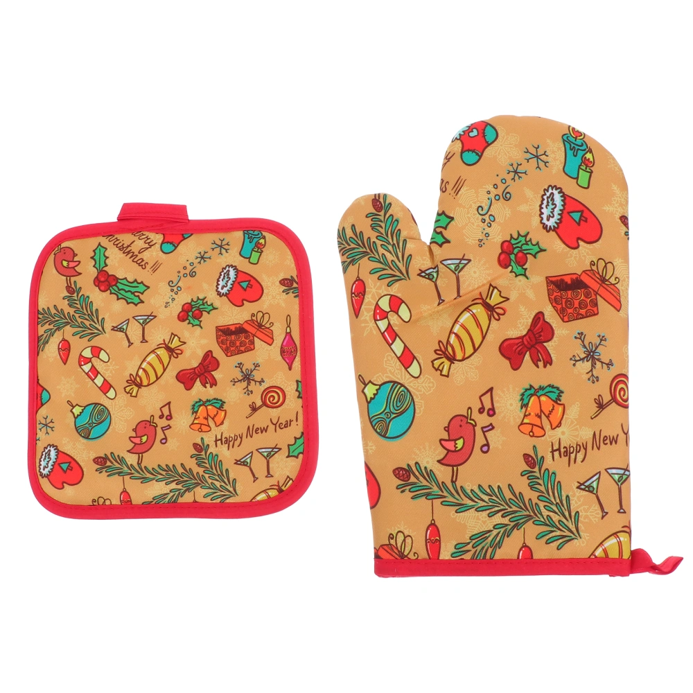 2Pcs Christmas Oven Glove Heat Insulation Pad Kit Lovely Heat Resistant Mitt