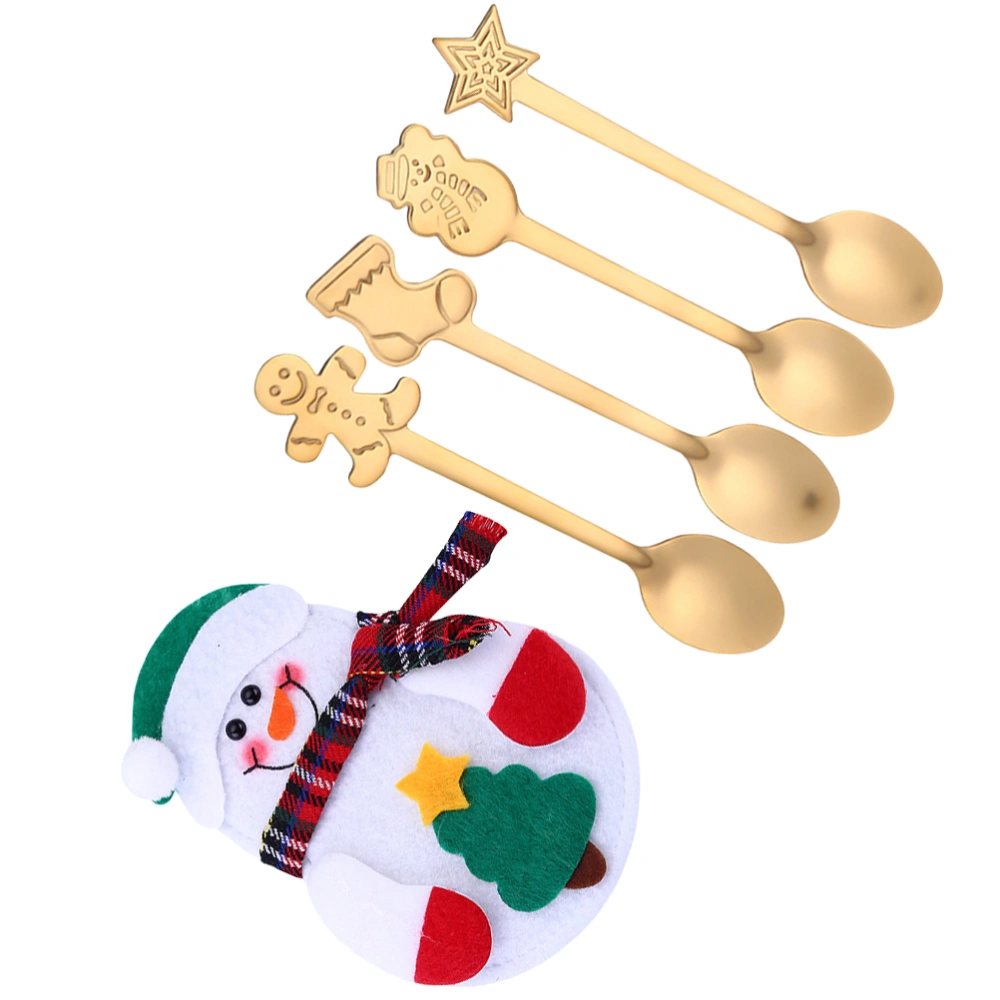 5 Pcs Stainless Steel Spoons and Packing Bag 4-Pieces Portable Christmas Spoons Food Dessert Serving Spoons Coffee Tea Spoons for Christmas Xmas Party (Golden)