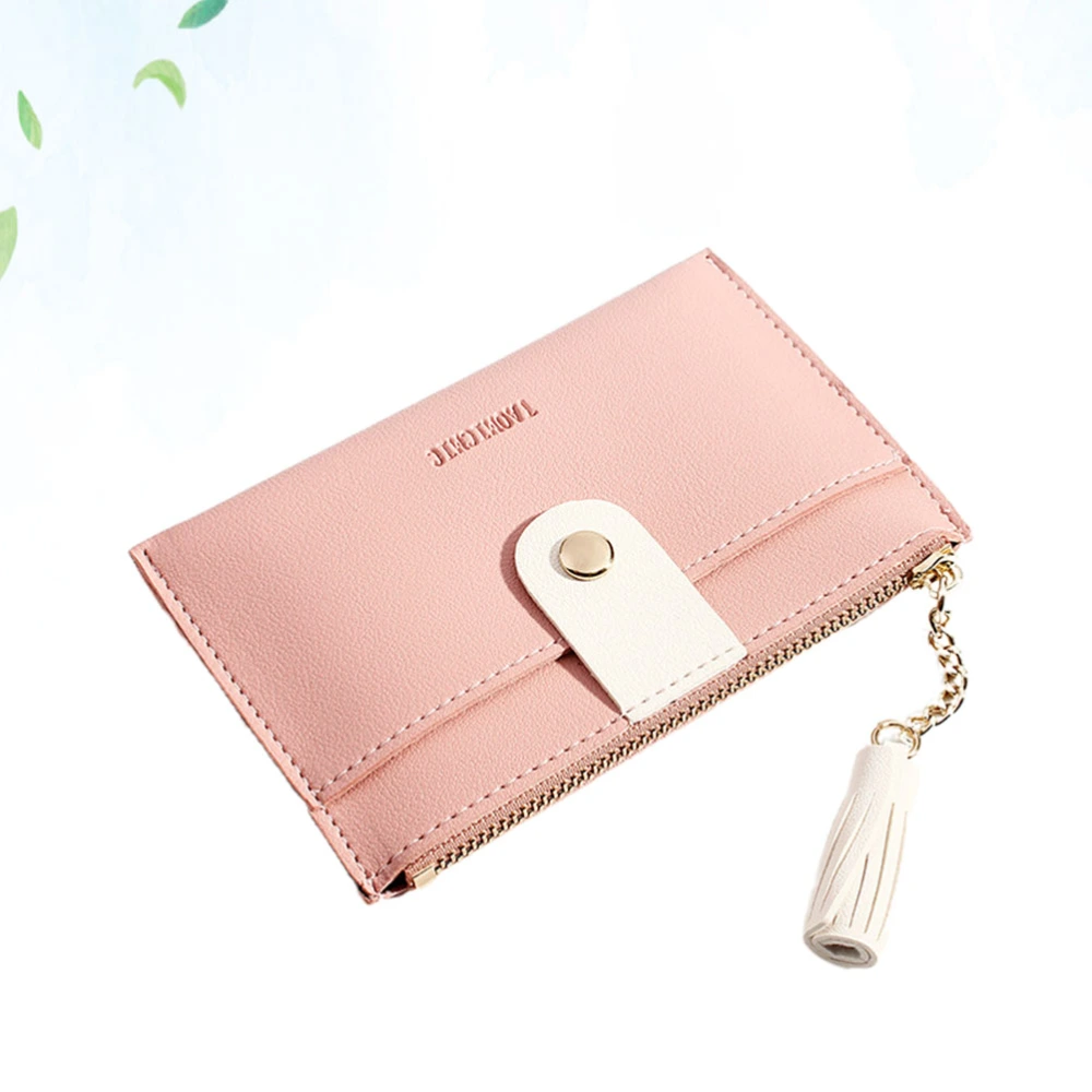 Tassel Woman Wallet PU Multifunctional Purse Short Small Coin Purse Delicate Zippered Holder Bag (Pink)