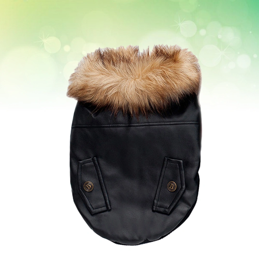 Autumn Winter Pet Costume Warm Fur Collar Leather Clothes for Puppy Dog Black Size L