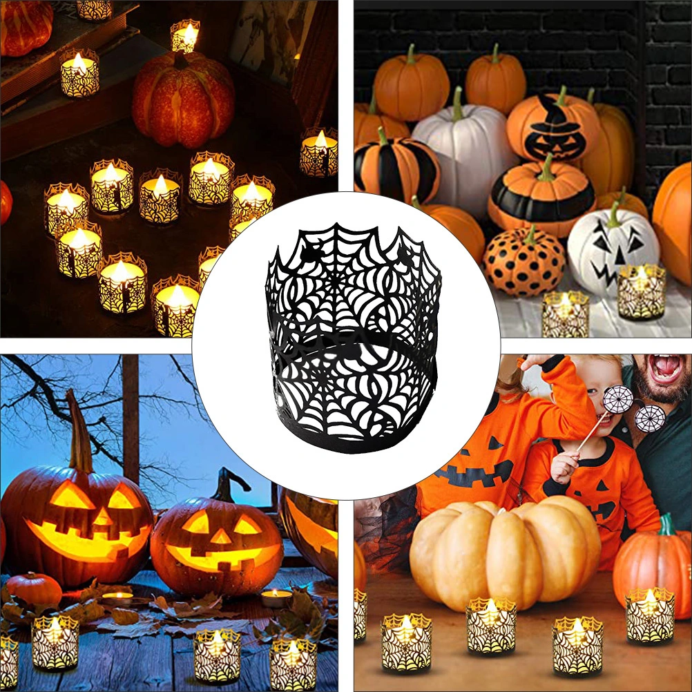 100pcs Halloween Black Spider Web LED Electronic Candle Holder Candle Wraps