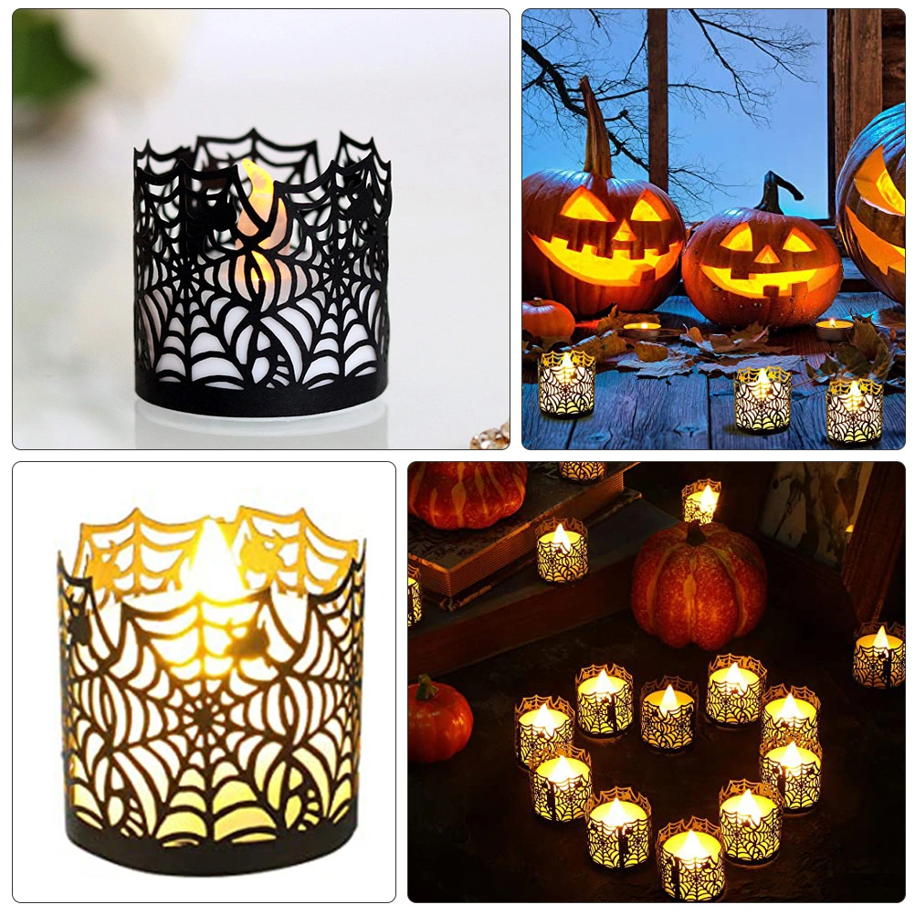 100pcs Halloween Black Spider Web LED Electronic Candle Holder Candle Wraps