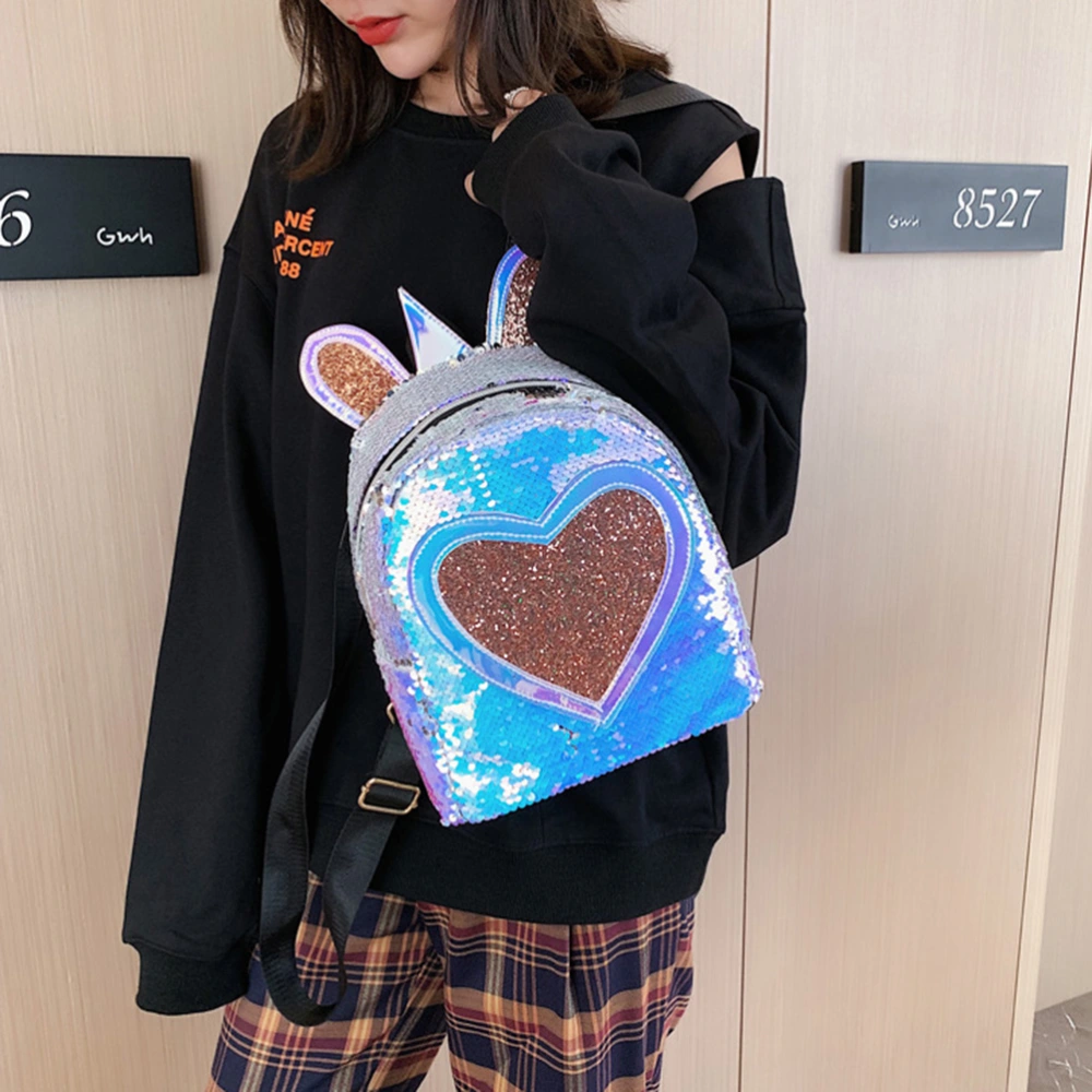 Stylish Heart Sequin Backpack Rabbit Ear Design Casual Bag Shiny Satchel Bookbag for Girls (Light Blue)